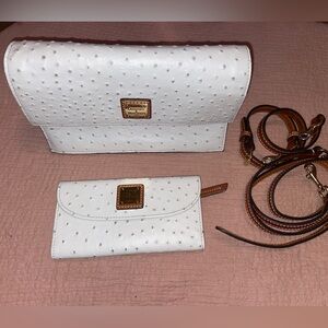 Dooney & Bourke White Ostrich Leather East/West Shoulder Bag & Wallet Set